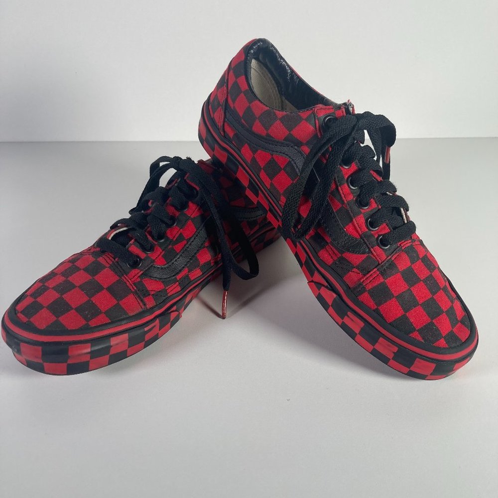 Vans Black Red Canvas Checkered Shoes Size Mens 7 Women's 8.5